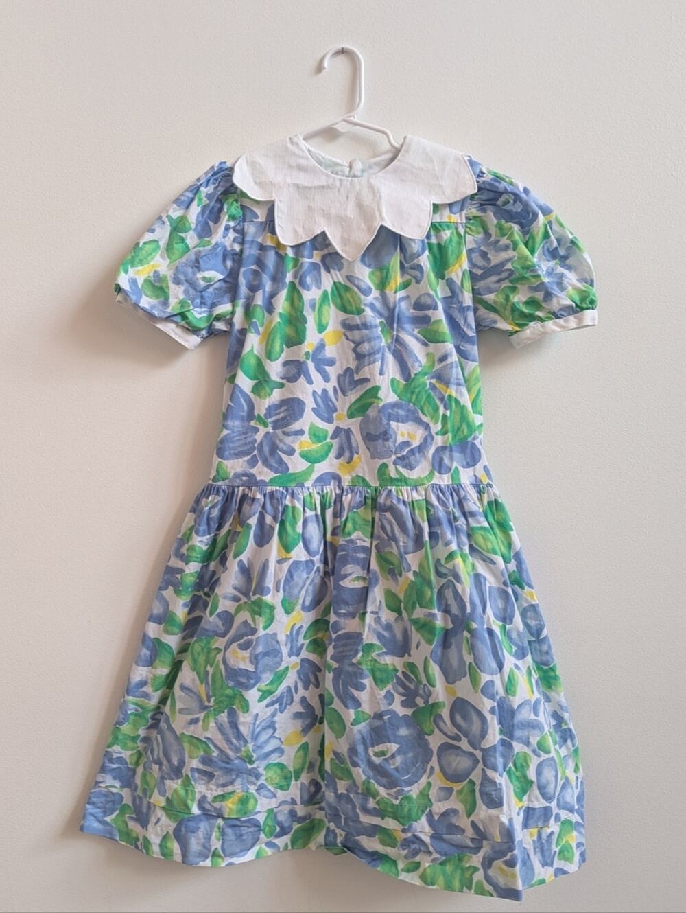 Vtg 90s Cary 7 Dress Blue Floral Petal Collar Spring